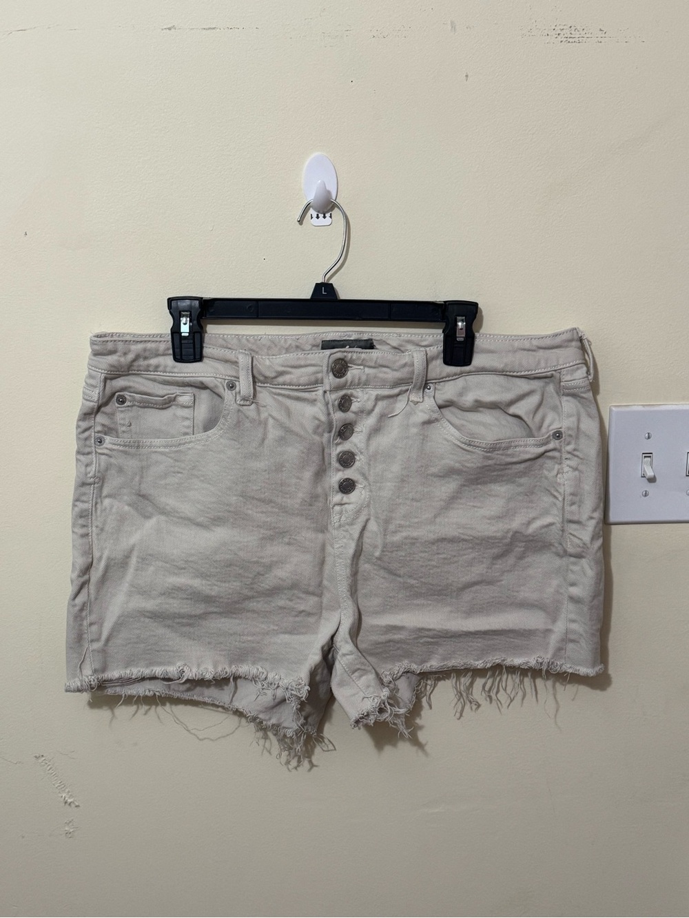 torrid Beige Button-Front Distressed Denim Shorts